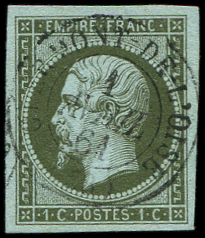 EMPIRE NON DENTELE11    1c. Olive, Obl. Càd T15 CLERMONT De L'OISE 1/4/61, Frappe Superbe - 1853-1860 Napoléon III