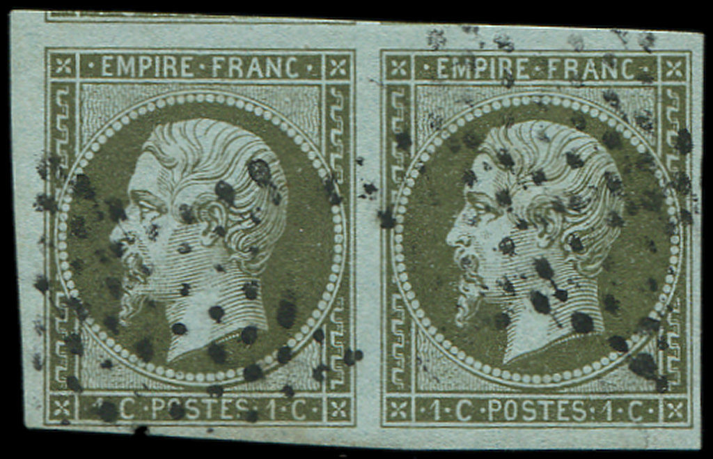 EMPIRE NON DENTELE11    1c. Olive, PAIRE Grandes Marges Obl. ETOILE, TTB - 1853-1860 Napoléon III