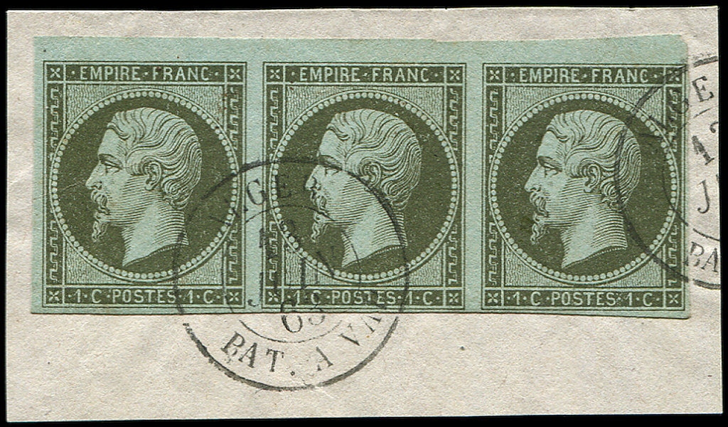 EMPIRE NON DENTELE11a   1c. Bronze, BANDE De 3 Obl. ALGER BAT. A VAP 13/6/63 S. Fragt, Bdf, TTB - 1853-1860 Napoléon III