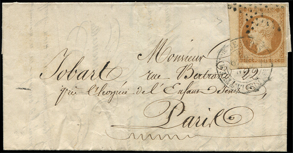 Let EMPIRE NON DENTELE13A  10c. Bistre, T I, Cdf, Obl. Etoile Et Càd LETTRE AFFie DE PARIS POUR PARIS S. LAC, 1854, TB - 1853-1860 Napoléon III