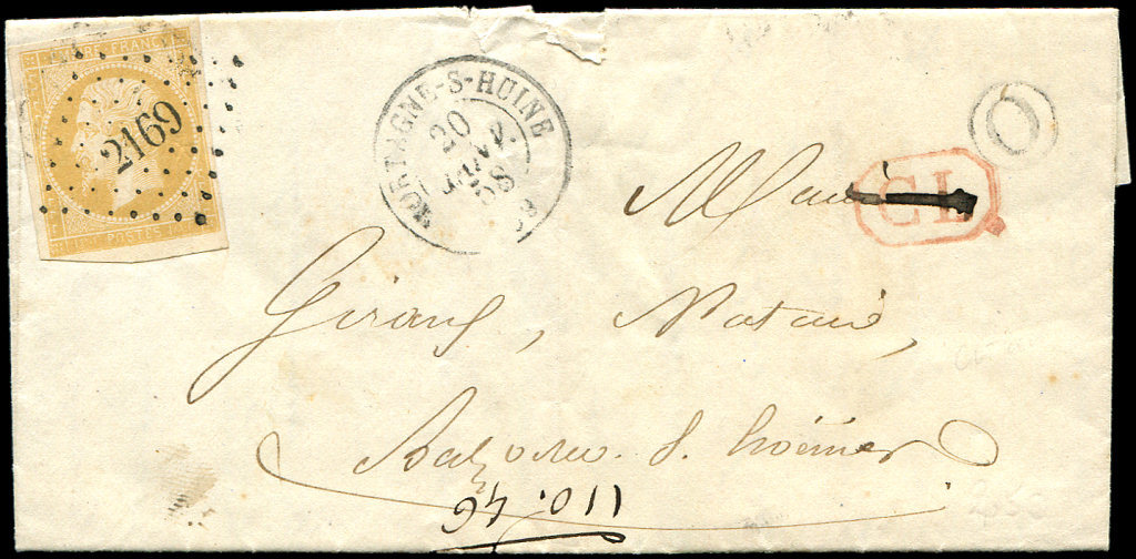 Let EMPIRE NON DENTELE13Al 10c. Citron, Impression Défectueuse, T I, Obl. PC 2169 S. LAC, Càd T15 MORTAGNE S HUINE 20/1/ - 1853-1860 Napoléon III