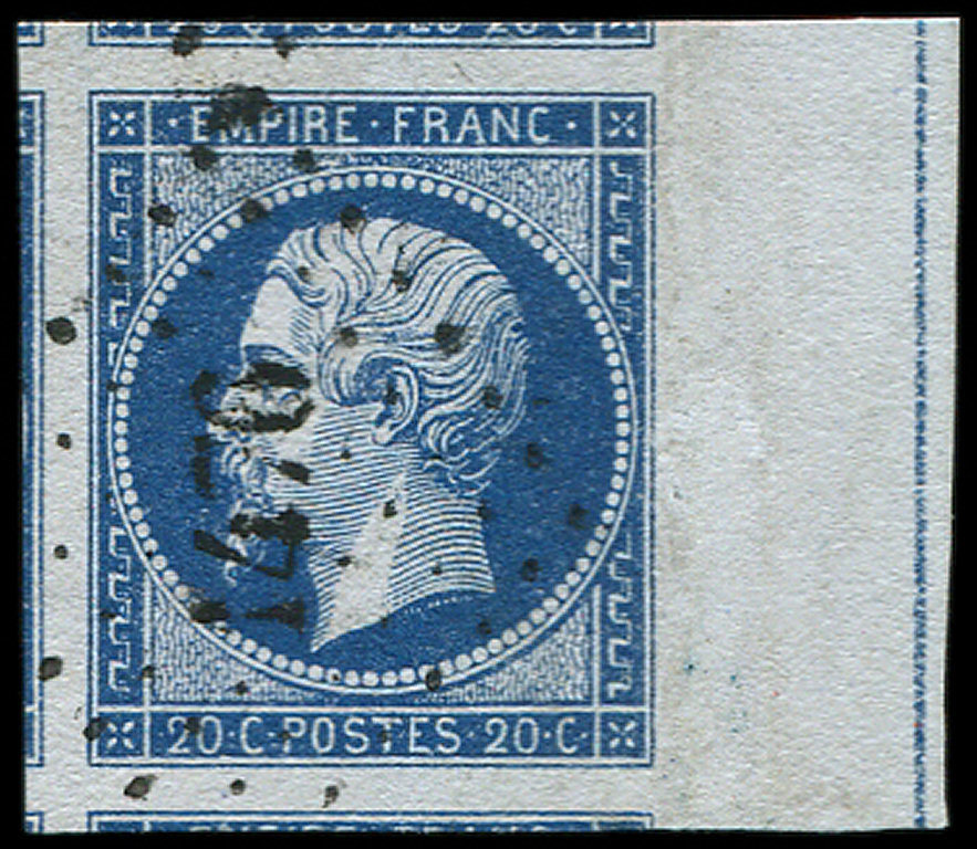 EMPIRE NON DENTELEL14Ai 20c. Bleu, Bdf Avec FILET D'ENCADREMENT, 5 Voisins, Obl. PC 1470, Superbe - 1853-1860 Napoléon III