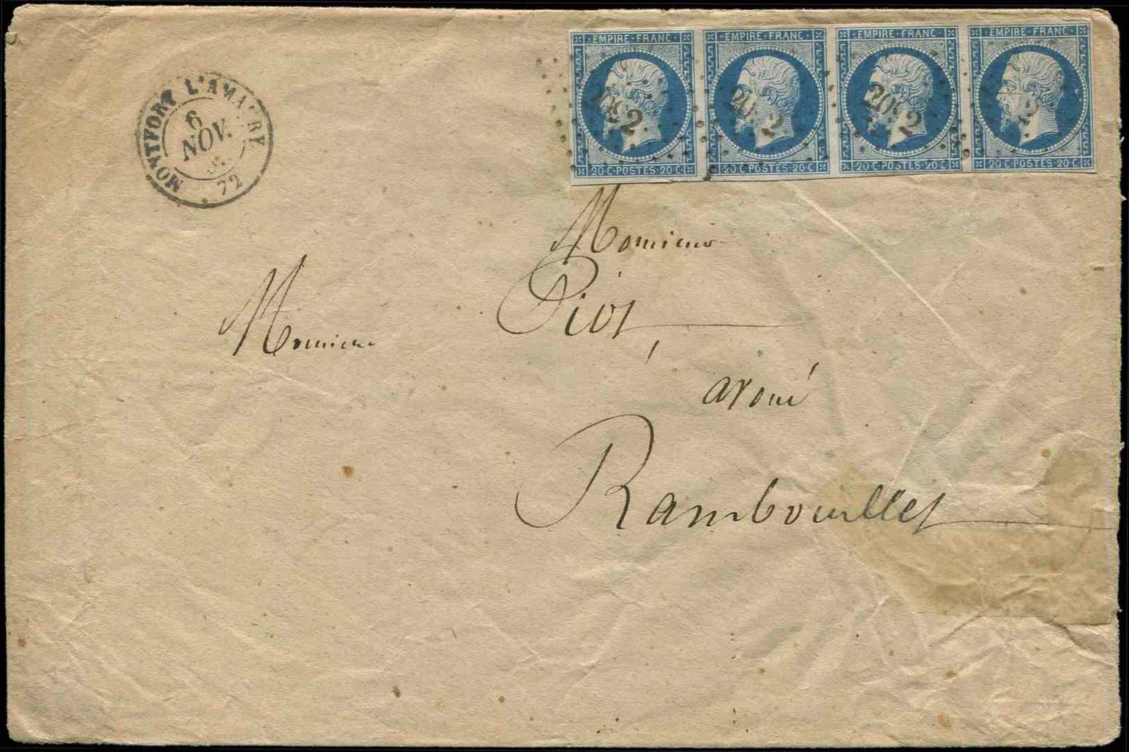 Let EMPIRE NON DENTELE14A  20c. Bleu, BANDE De 4 Obl. PC 2092 S. Env., Càd T15 MONTFORT L'AMAURY 6/11/55, TB - 1853-1860 Napoléon III