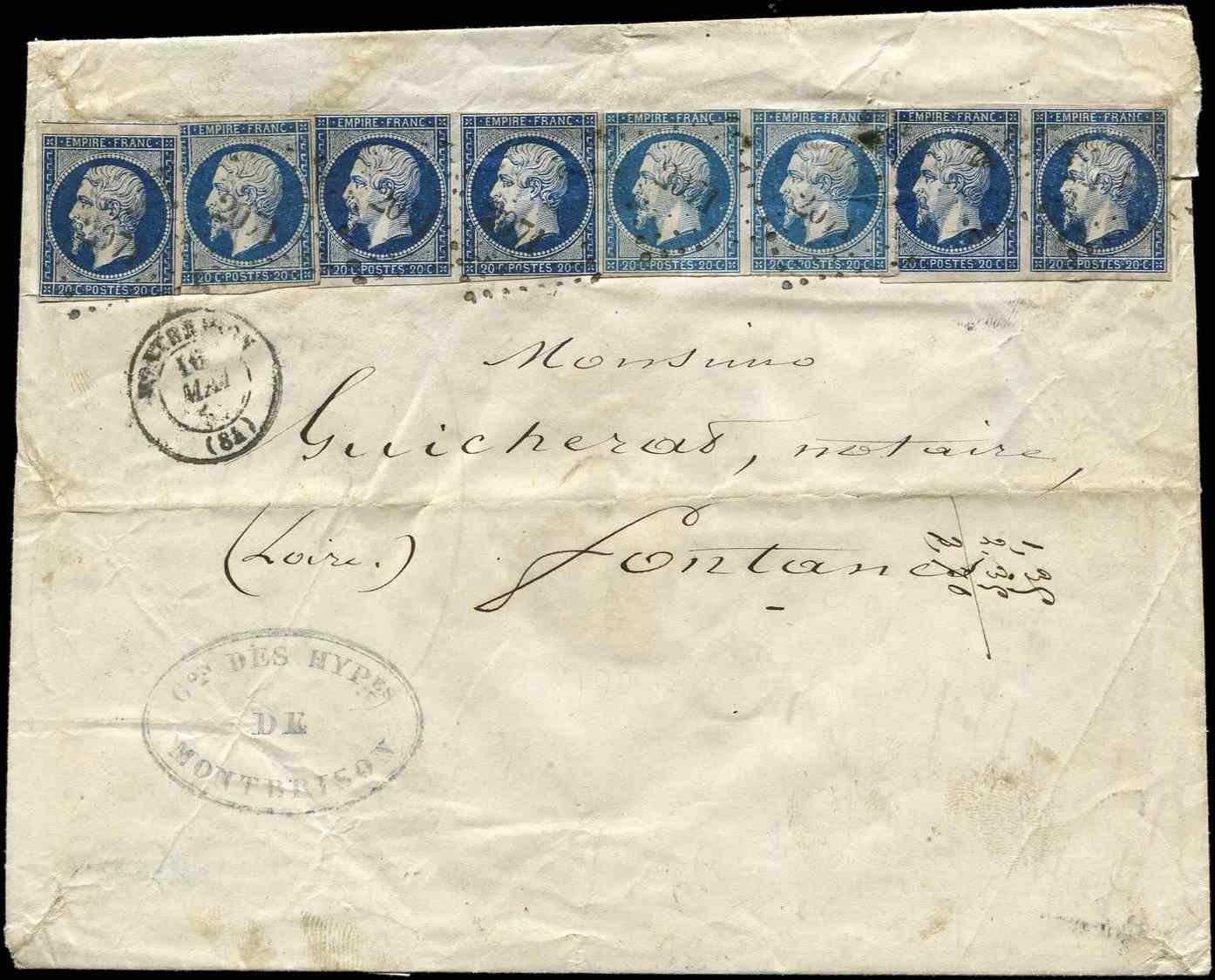 Let EMPIRE NON DENTELE14A  20c. Bleu, T I, 8 Ex. (p.d.) Nuances Diff., Obl. PC 2071 S. Env., Càd T15 MONTBRISON 16/5/56, - 1853-1860 Napoléon III