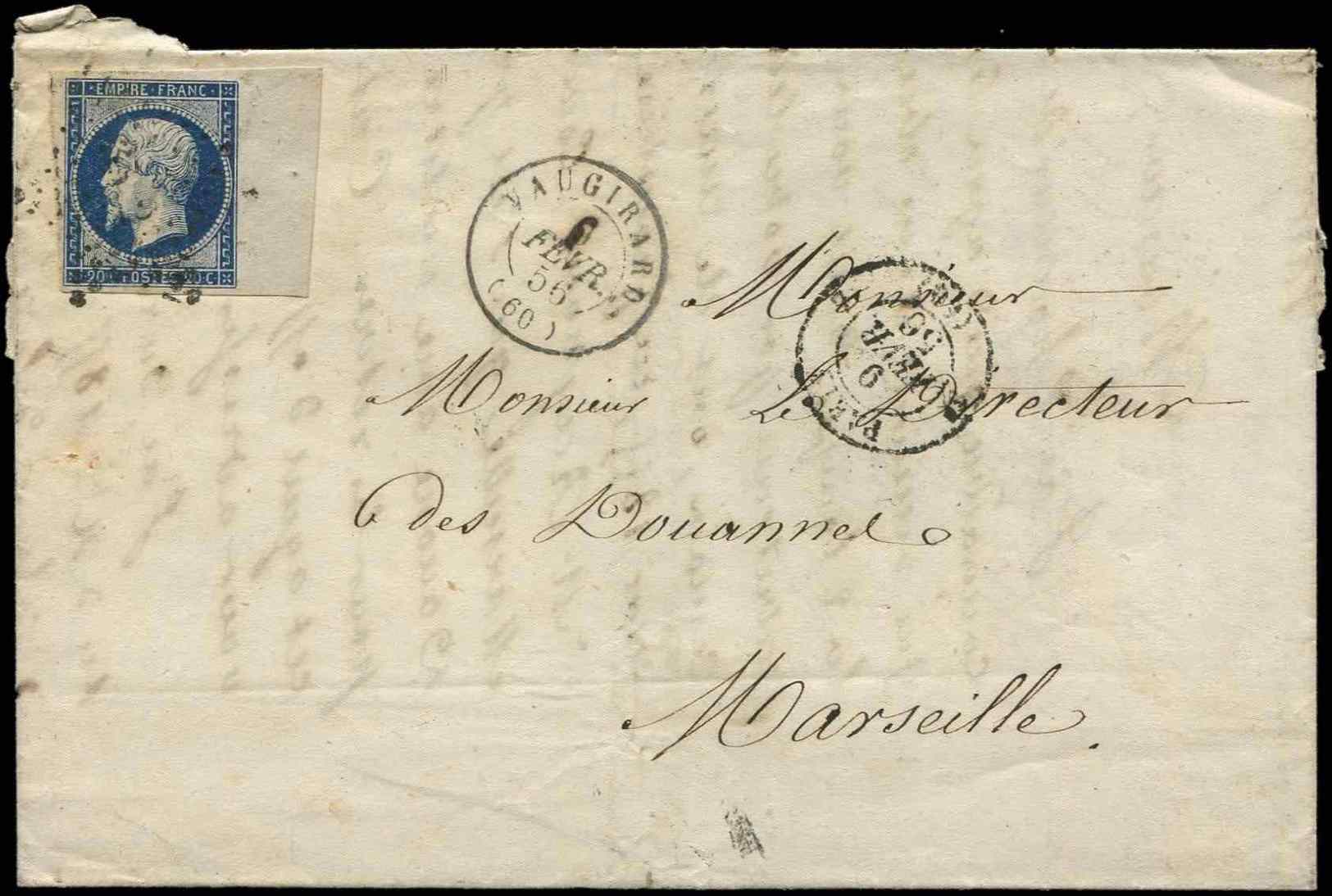 Let EMPIRE NON DENTELE14Aa 20c. Bleu Foncé, T I, BORD De FEUILLE, Obl. PC 3502 S. LAC, Càd VAUGIRARD Et PARIS 9/2/56, TT - 1853-1860 Napoléon III