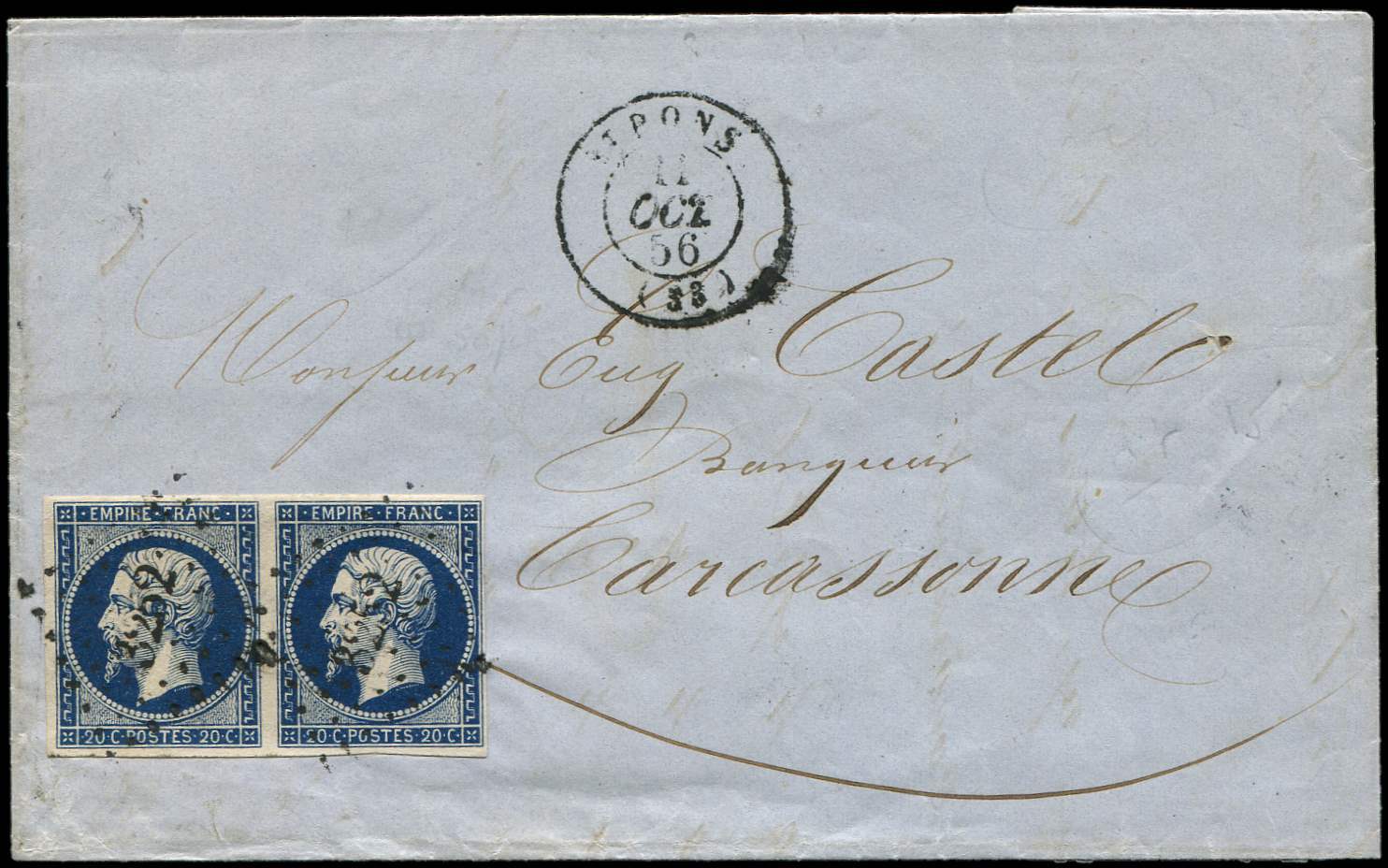 Let EMPIRE NON DENTELE14Ab 20c. Bleu Noir, T I, PAIRE Obl. PC 3252 S. LAC, Càd T15 ST PONS 11/10/56, TTB - 1853-1860 Napoléon III