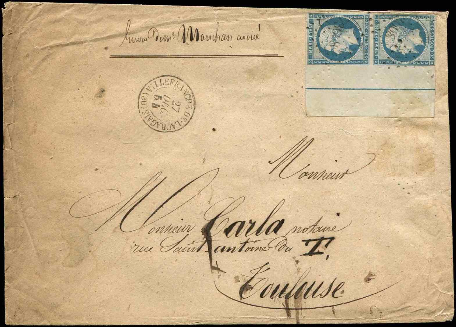 Let EMPIRE NON DENTELEL14Ai 20c. Bleu, T I, PAIRE Bdf, FILET D'ENCADREMENT, Obl. PC 3608 S. Env., Un Timbre Manque, PAIR - 1853-1860 Napoléon III