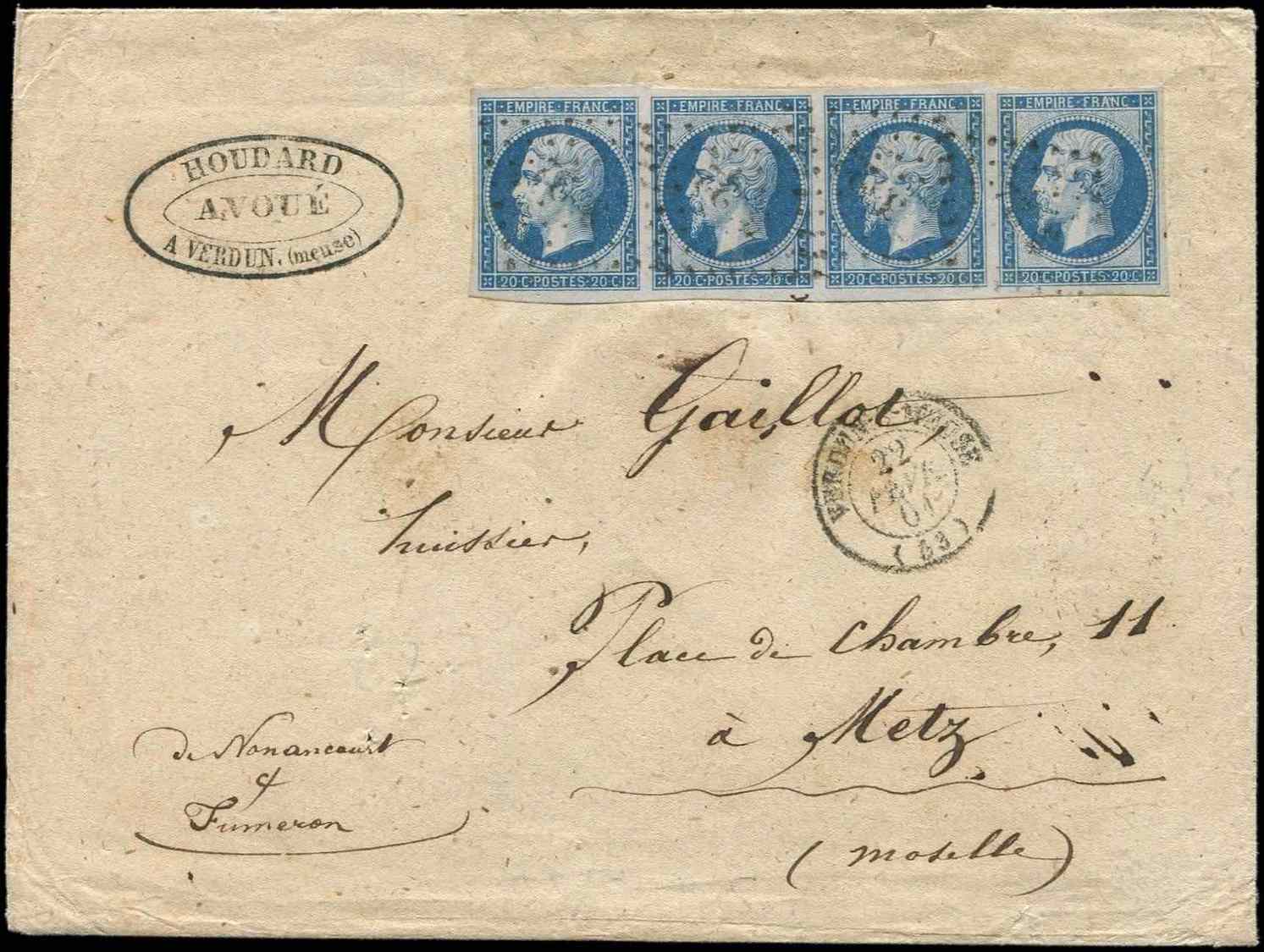 Let EMPIRE NON DENTELE14B  20c. Bleu, T II, BANDE De 4 Obl. PC 3522 S. Env., Càd T15 VERDUN-S-MEUSE 22/2/61, TTB - 1853-1860 Napoléon III