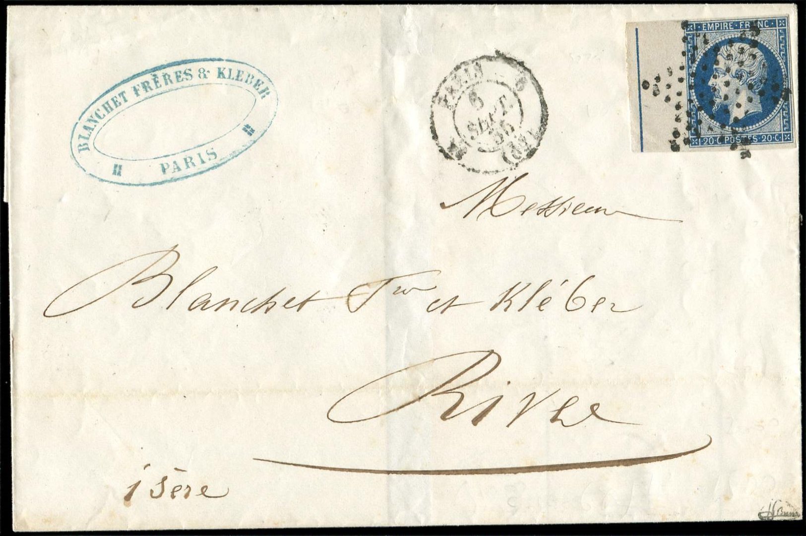 Let EMPIRE NON DENTELEL14Ai 20c. Bleu Foncé, Bdf Avec FILET D'ENCADREMENT, Obl. ETOILE S. LSC, Càd 5/9/55, TTB. J, Cote  - 1853-1860 Napoléon III