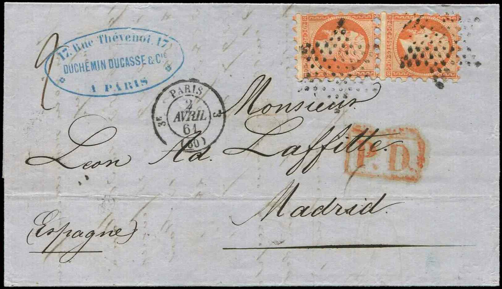 Let EMPIRE NON DENTELE16   40c. Orange, PAIRE PIQUAGE SUSSE, Obl. ETOILE S. LAC, Càd PARIS 2/4/61, Arr. MADRID, TTB - 1853-1860 Napoléon III