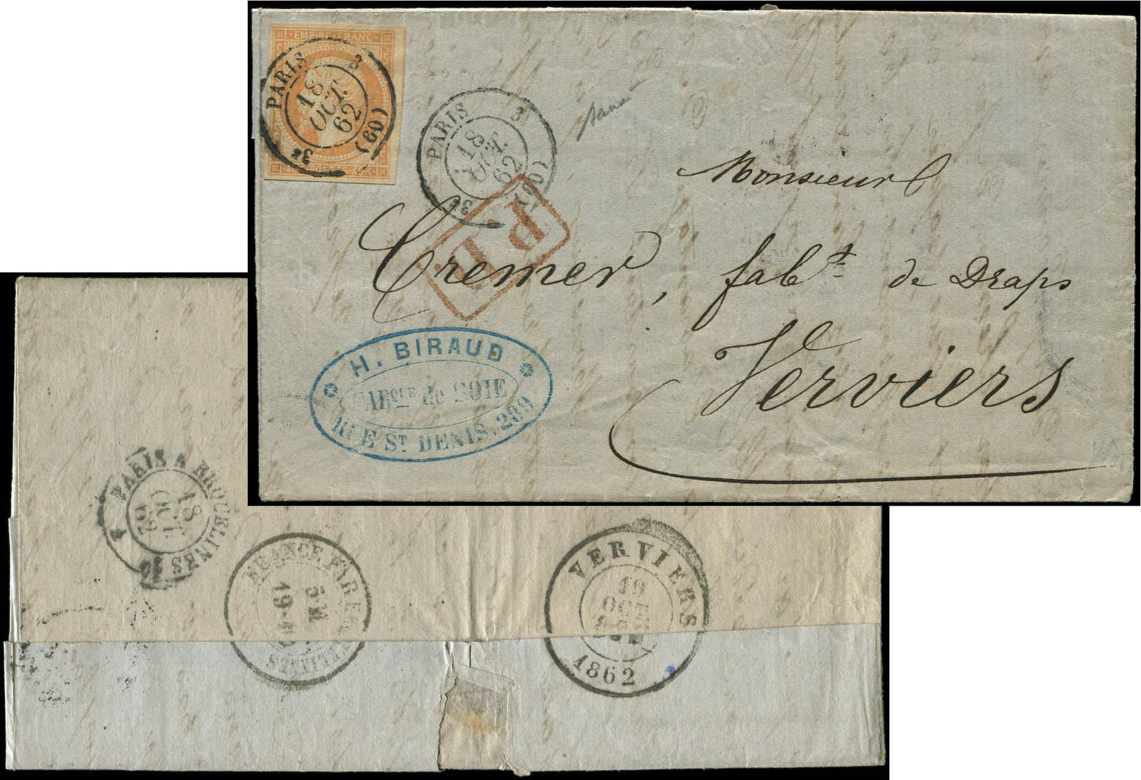 Let EMPIRE NON DENTELE16   40c. Orange, Obl. Càd 3e PARIS 3 18/10/62 S. LAC, Arr. VERVIERS, Superbe - 1853-1860 Napoléon III