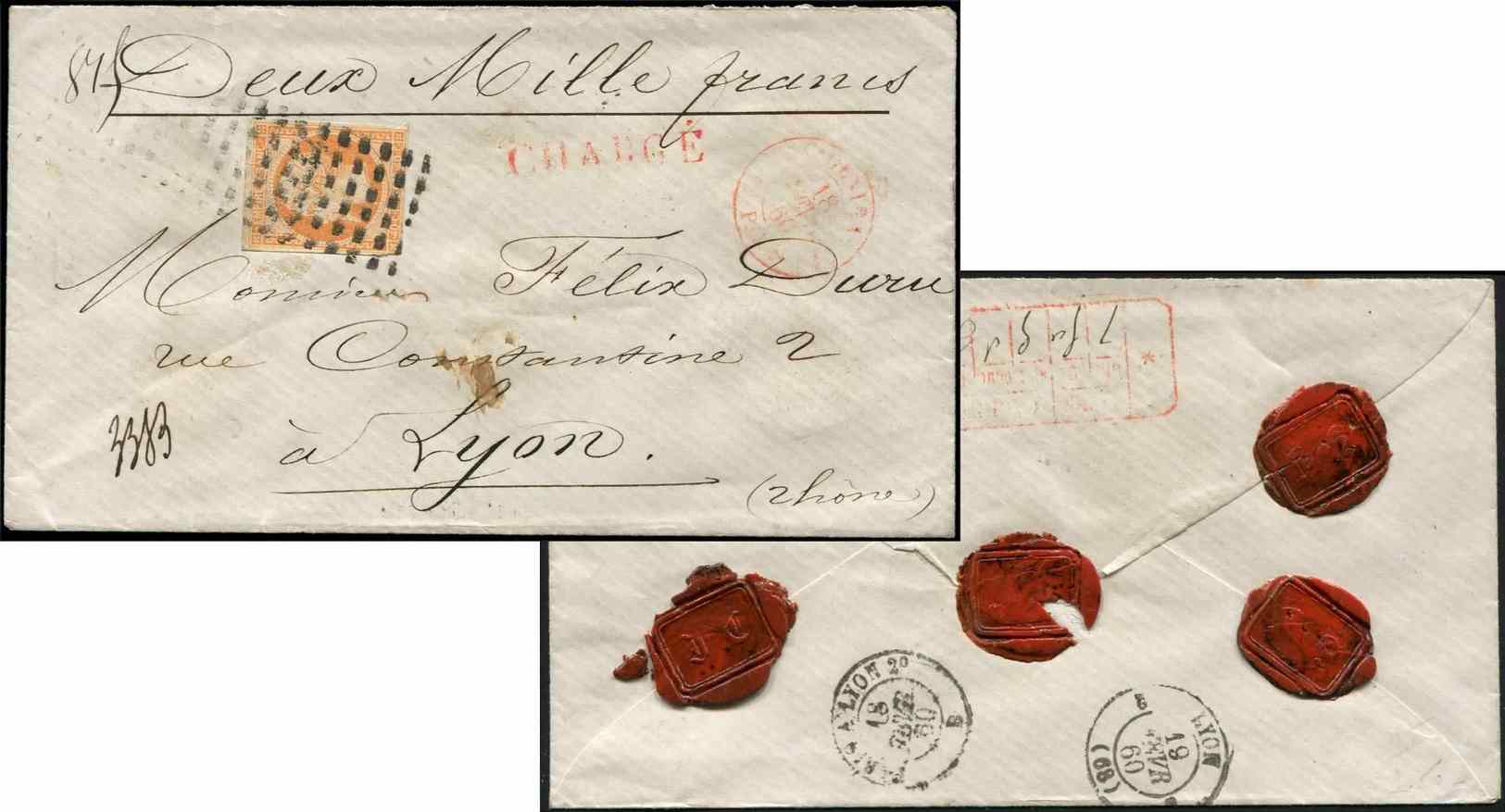 Let EMPIRE NON DENTELE16   40c. Orange, Obl. GROS POINTS S. Env. CHARGE, Càd Rouge CHARGEMENTS PARIS 18/2/60, Arr. Lyon, - 1853-1860 Napoleon III