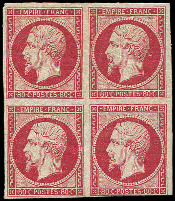 * EMPIRE NON DENTELE17Ba 80c. Rose Vif, BLOC De 4, 1 Ex. Effl. En Bas Et Petit Pli D'angle, Les 3 Autres Sont TTB - 1853-1860 Napoléon III