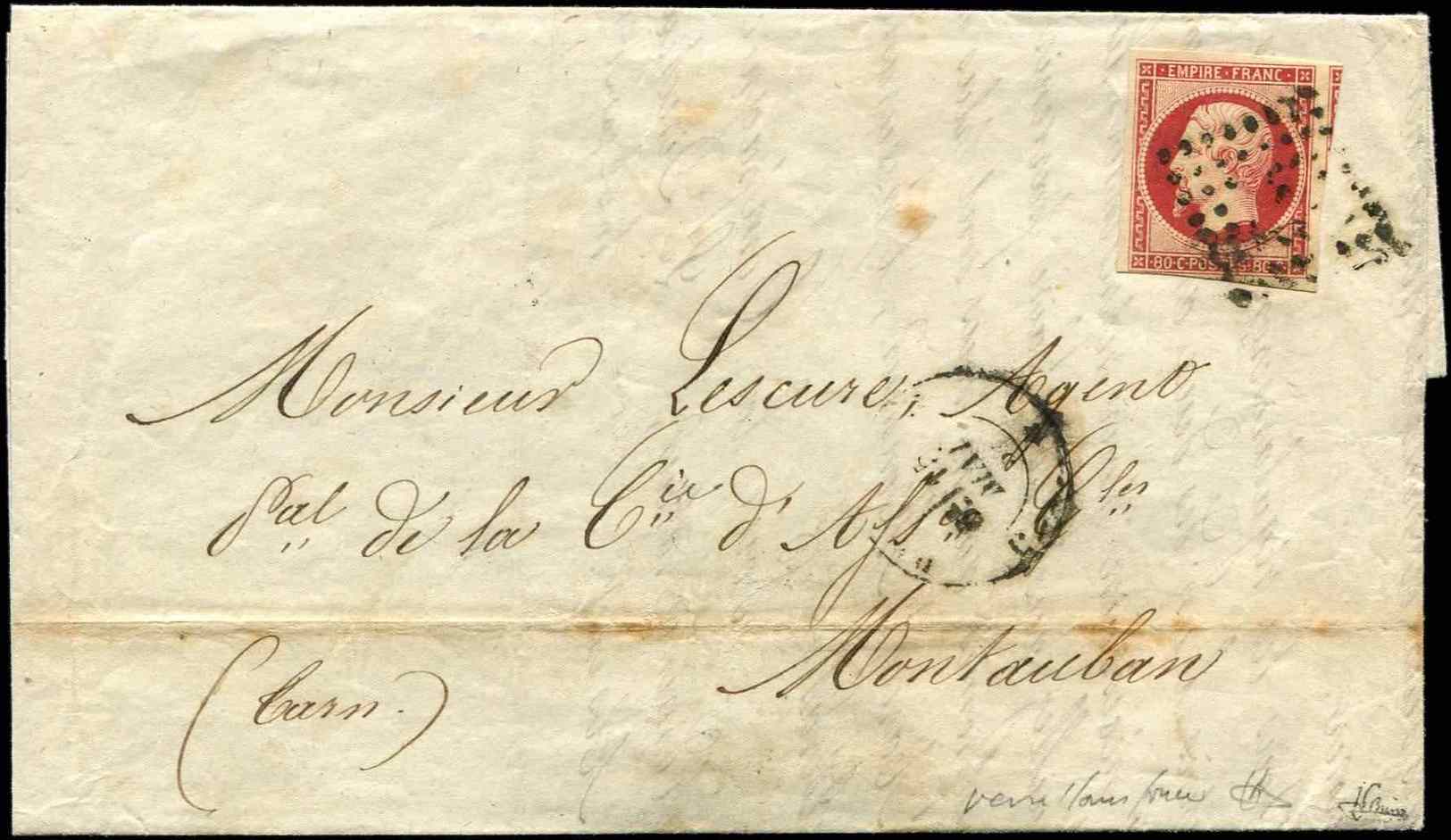 Let EMPIRE NON DENTELE17Ar  80c. VERMILLONNE FONCE, Nuance Certifiée JF Brun, Obl. Los. S. LAC De Paris à Montauban 5/58 - 1853-1860 Napoléon III