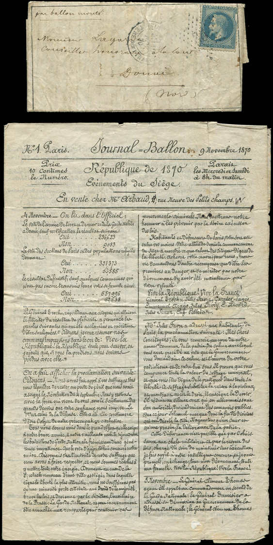 Let BALLONS MONTESN°29B Obl. Etoile 35 S. JOURNAL BALLON N°1, Càd Ministère Des Finances 10/11/70 Pour DOUAI, TB. LE DAG - Guerre De 1870