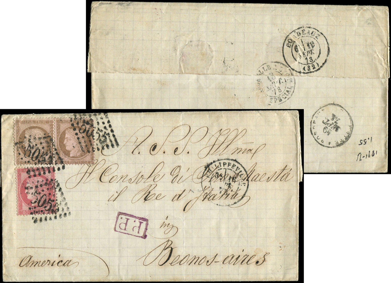 Let LETTRES ET OBLITERATIONS D'ALGERIEN°57 + 58 PAIRE (un Ex. Défx) Obl. GC 5055 S. LSC, Càd PHILIPPEVILLE 16/9/73 Pour  - 1849-1876: Période Classique