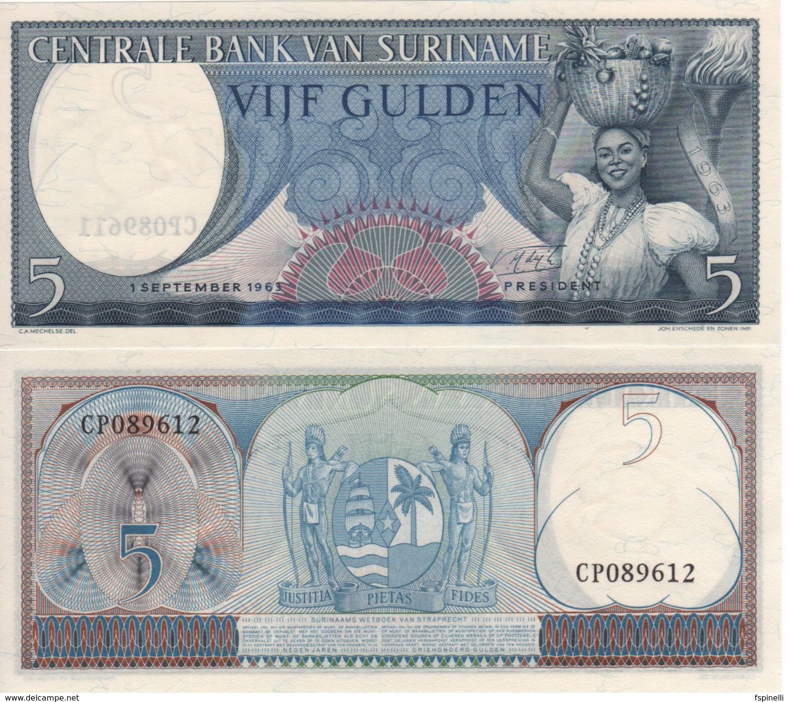 SURINAME   5  Gulden  P120b    1963   UNC - Suriname