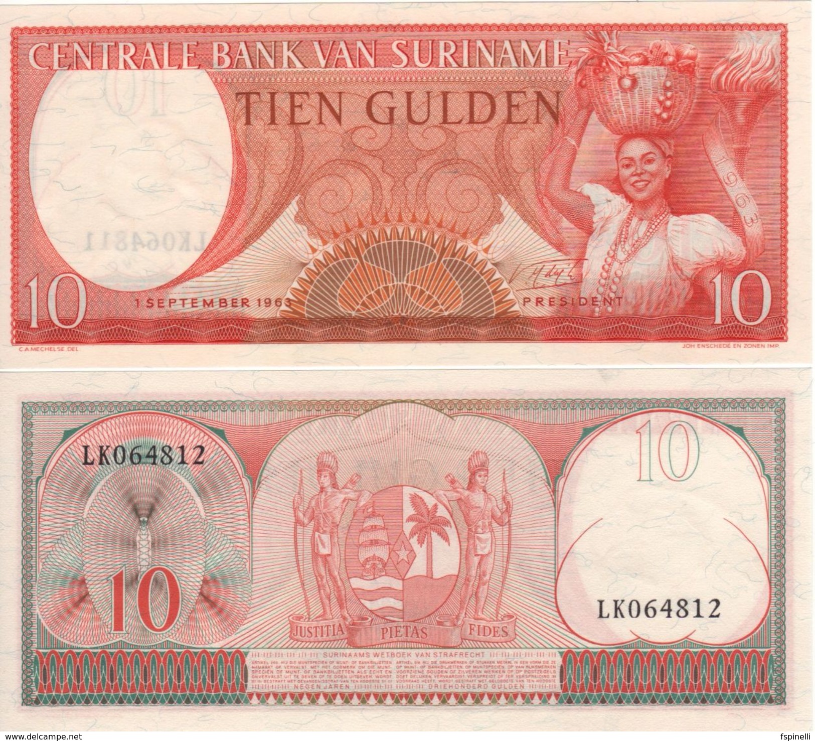 SURINAME   10  Gulden  P121b    1963   UNC - Suriname