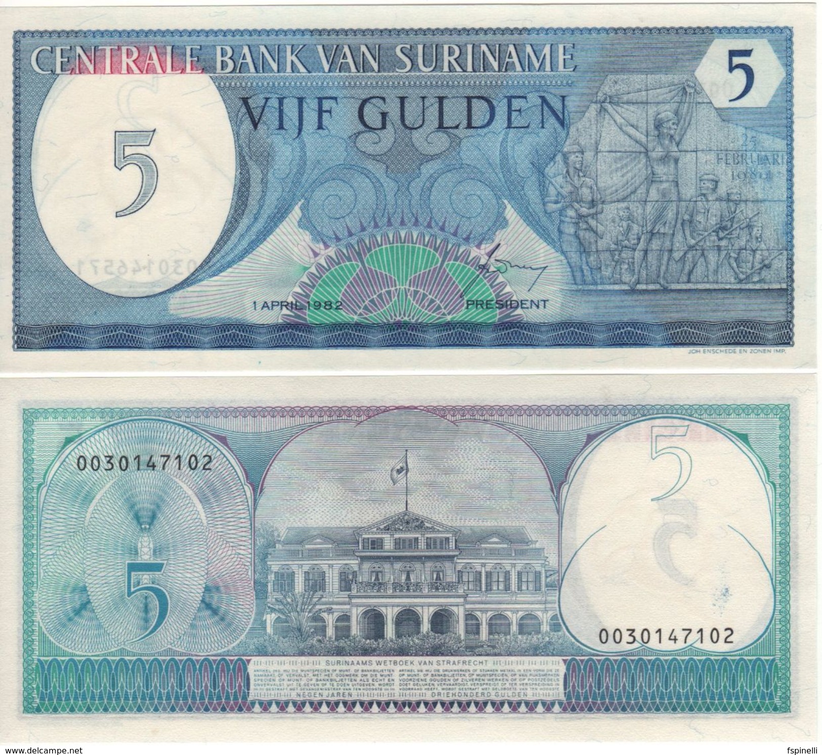 SURINAME   5  Gulden  P125    1982   UNC - Suriname