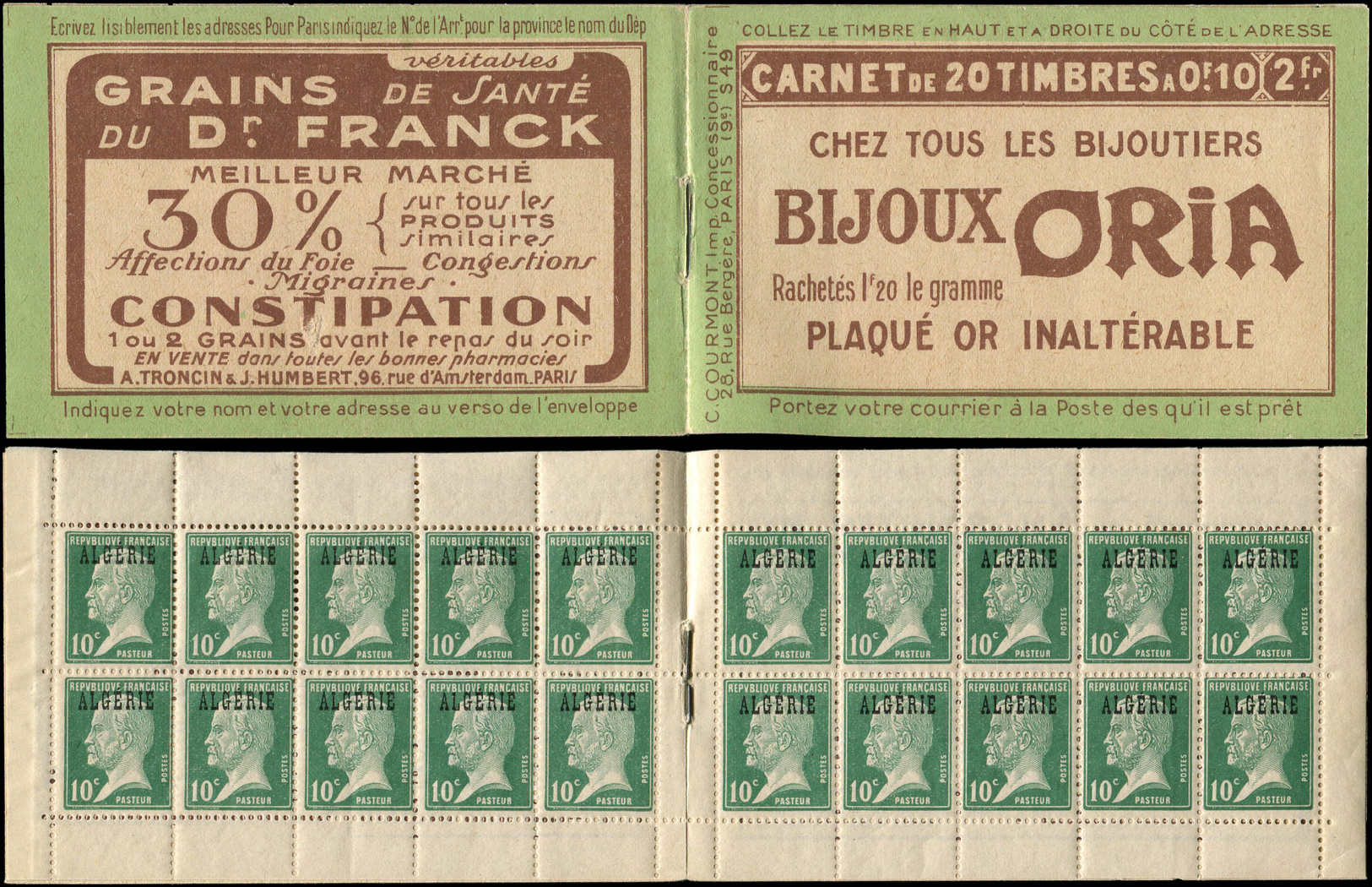 ALGERIE 1A : Pasteur, 10c. Vert, S. 49-C, ORIA, TB - Autres & Non Classés