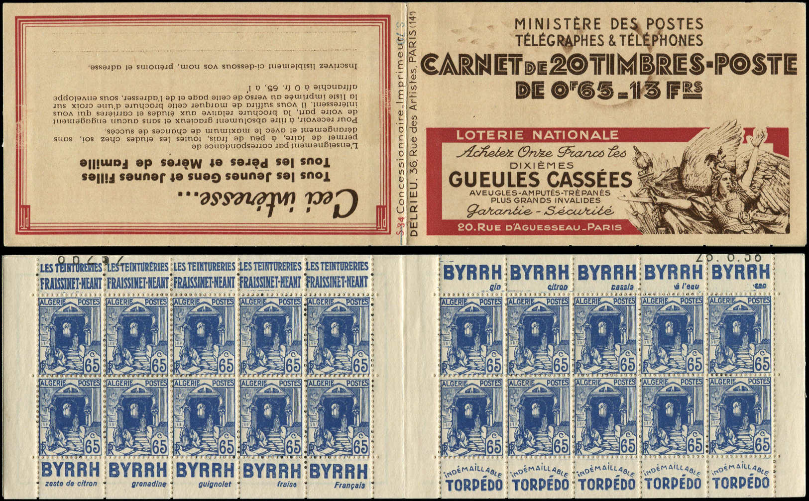 ALGERIE 20 : 65c. Bleu, S. 70-34, GUEULES CASSEES, Sans Sigle PTT, Date 28/8/38 Tronquée, TB - Autres & Non Classés