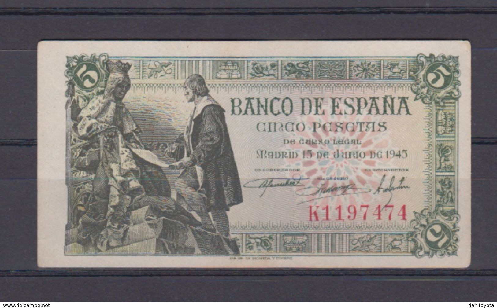 EDIFIL 449a.  5 PTAS 15 DE JUNIO DE 1945 SERIE K.  CONSERVACIÓN S/C- - 5 Pesetas