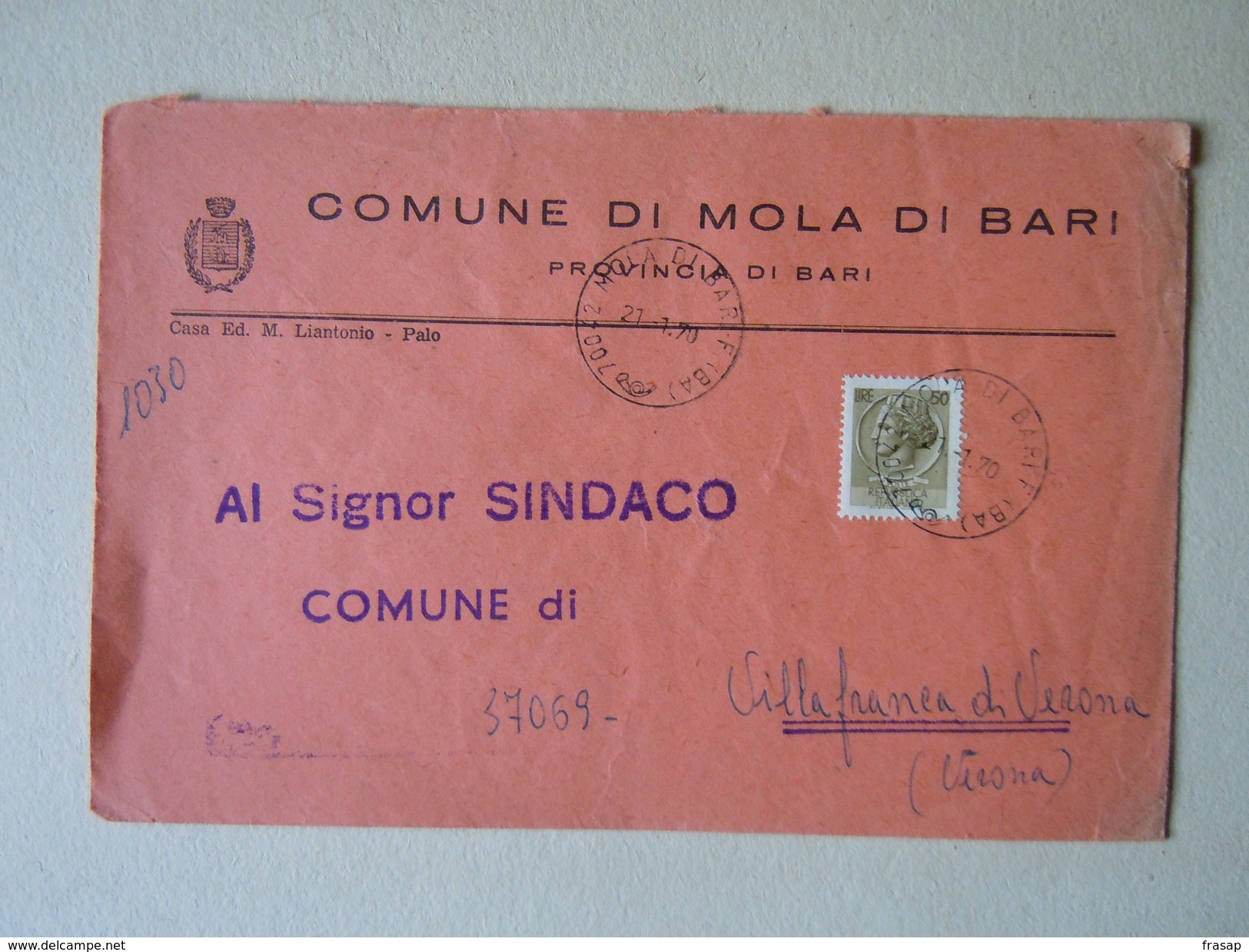 TEMATICA BUSTE COMUNALI - COMUNE DI MOLA DI BARI    1969 - Buste