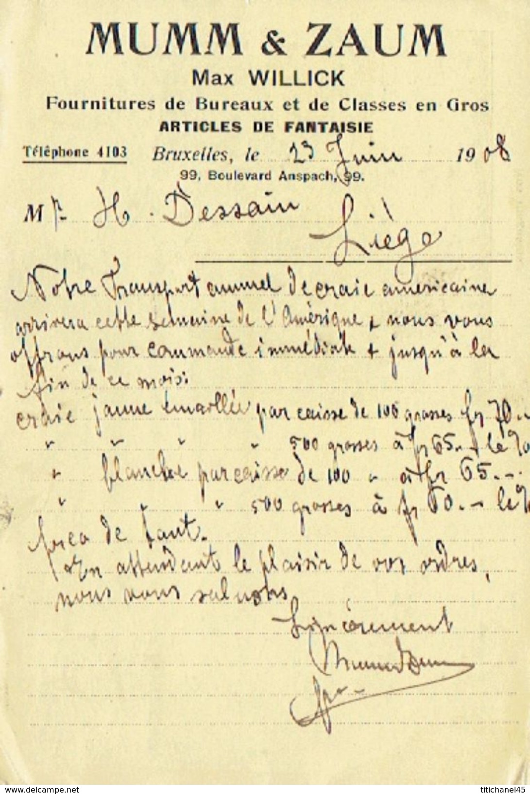 CP/PK Publicitaire Illustrée BRUXELLES 1908 - MUMM & ZAUM (magasins) Max WILLICK - Fournitures De Bureaux Et De Classes - Autres & Non Classés