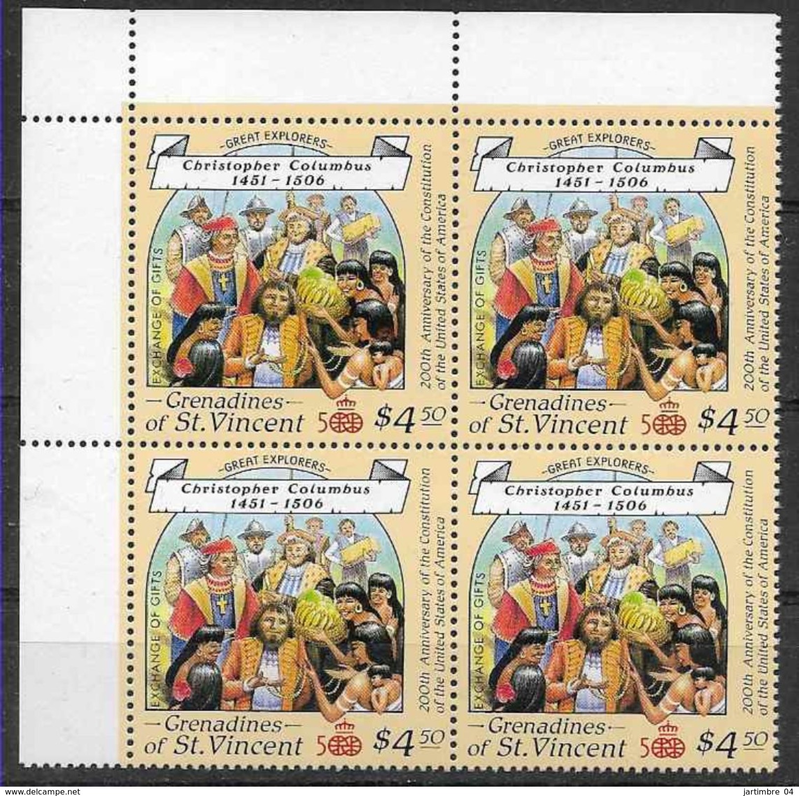 1988 SAINT-VINCENT GRENADINES 553** Navigateur, Colomb, Issu De Série, Bloc De 4, Côte 20.00 - St.Vincent & Grenadines