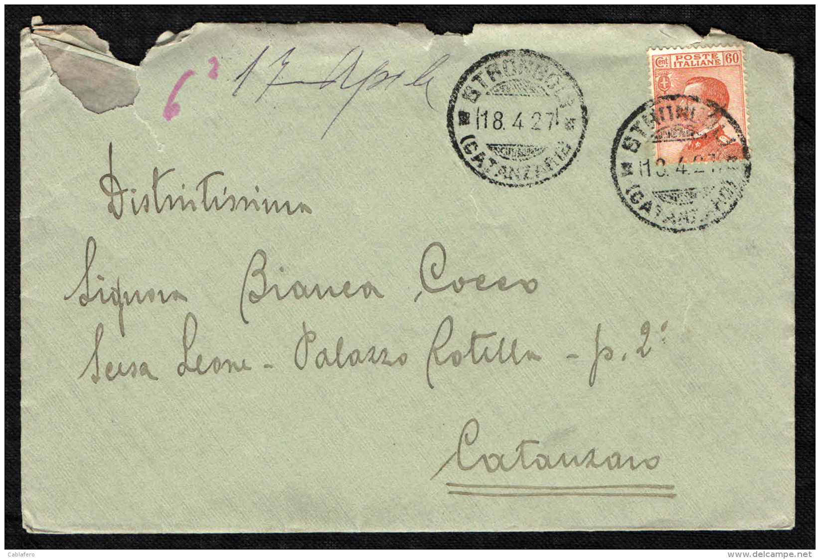 ITALIA REGNO - 18.4.27 - DA STRONGOLI VERSO CATANZARO - MICHETTI 60 CENT. GIALLO BRUNO - Storia Postale