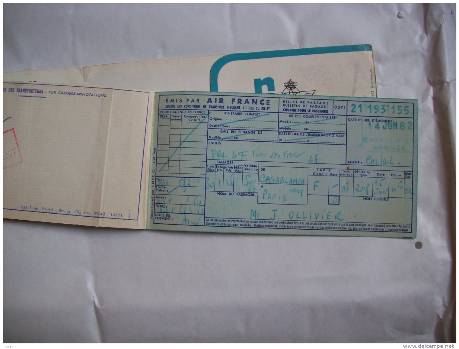 Ticket Billet D'avion Air France/ Air Maroc Casablanca-Paris 1962 - Autres & Non Classés