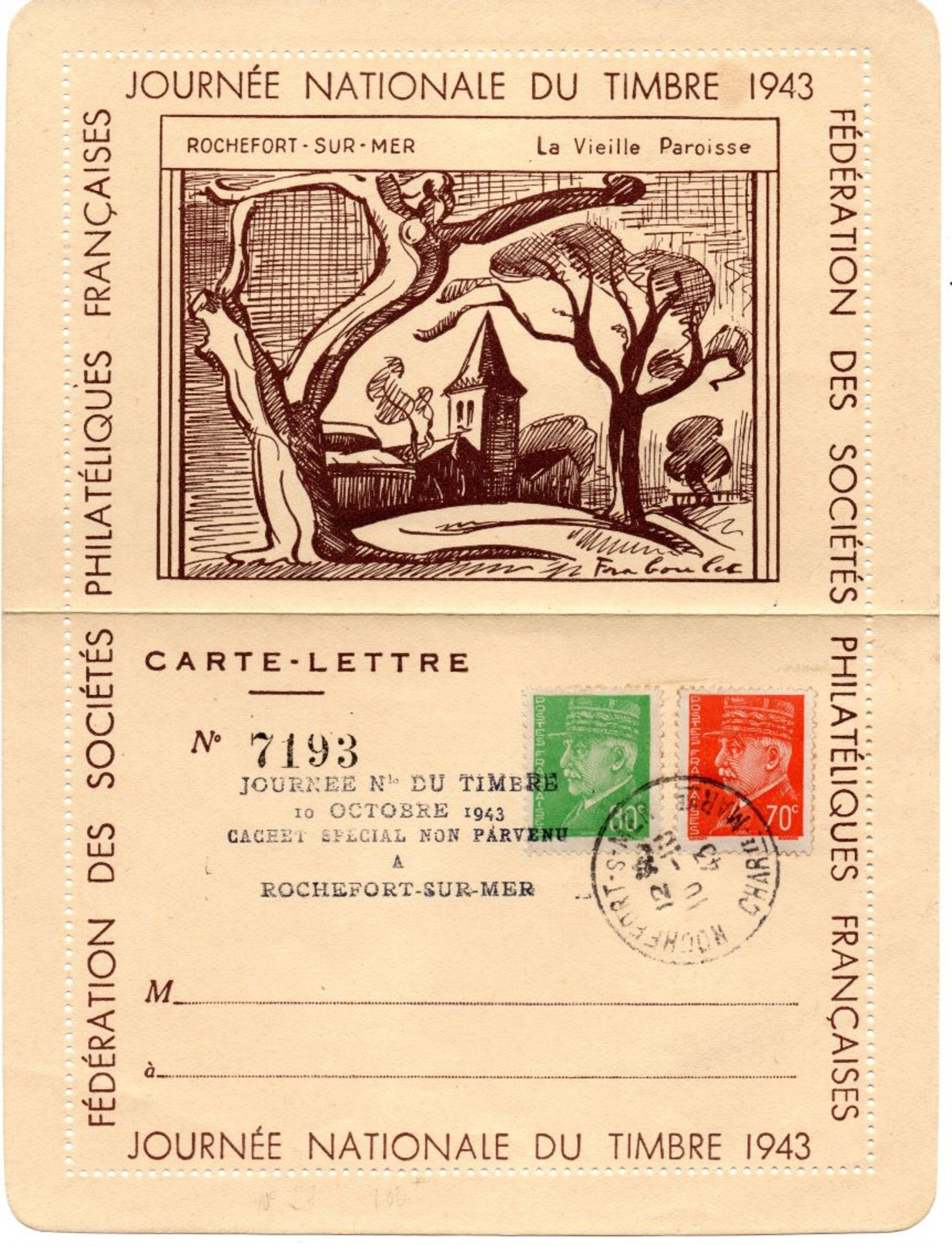 JOURNEE NATIONALE DU TIMBRE 10/10/1943  ROCHEFORT Sur Mer  Cachet Non Parvenu  Côte 2014 :  >  20 Euros - Collections