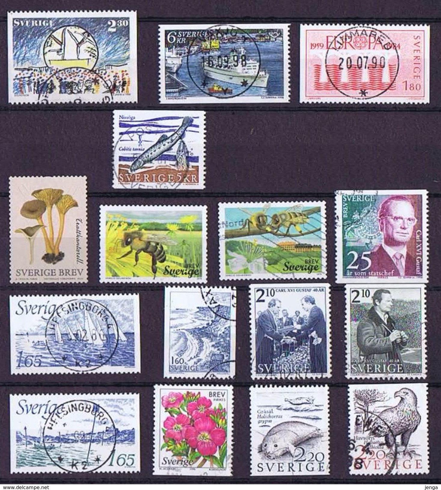 Sweden, 16 Used Stamps,. Including 1998 Carl Gustav (25 Kr.) And 3 Year 2015  (bees And Mushroom) - Collections