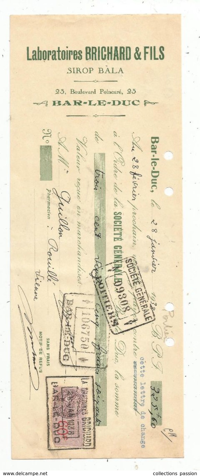 LETTRE DE CHANGE , 1938, Laboratoires BRICHARD & Fils ,sirop BALA ,BAR LE DUC ,2 Scans ,  Frais Fr : 1.45 E - Bills Of Exchange