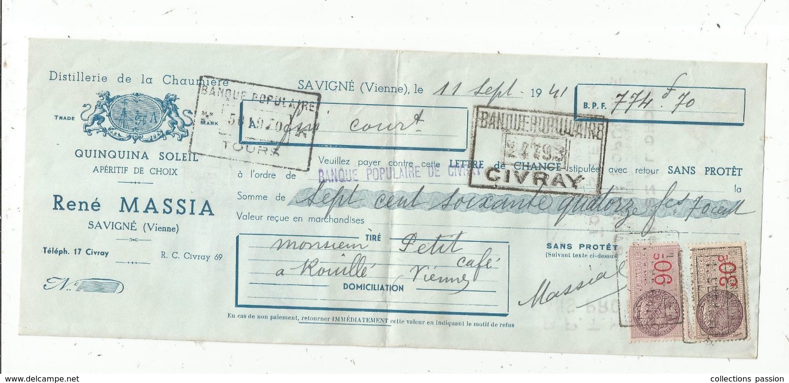 LETTRE DE CHANGE , 1941,distillerie De La Chaumière , Quinqina Soleil , R. MASSIA, Savigné , Vienne ,  Frais Fr : 1.45 E - Bills Of Exchange