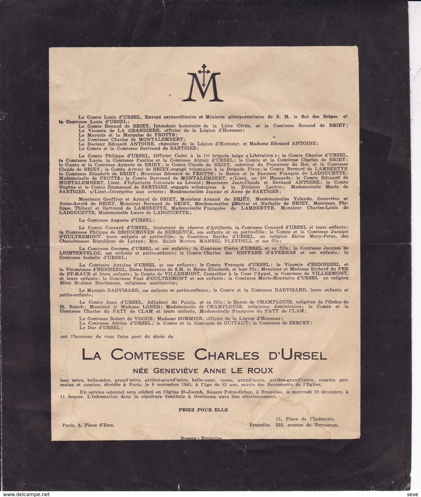 PARIS OOSTKAMP Geneviève Anne LE ROUX Comtesse Charles D'URSEL 82 Ans 1945 Famille De MONTALEMBERT - Décès