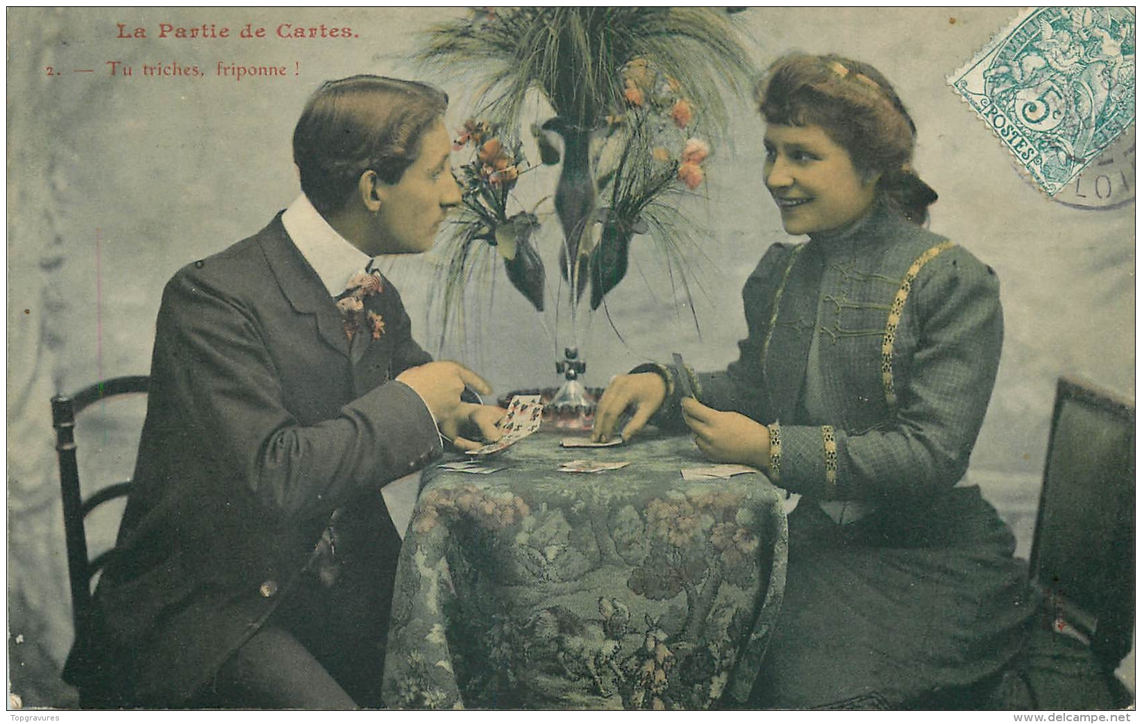 CP SERIE LA PARTIE DE CARTES - COUPLE JOUANT AUX CARTES - 2 TU TRICHES FRIPONNE - Cartas