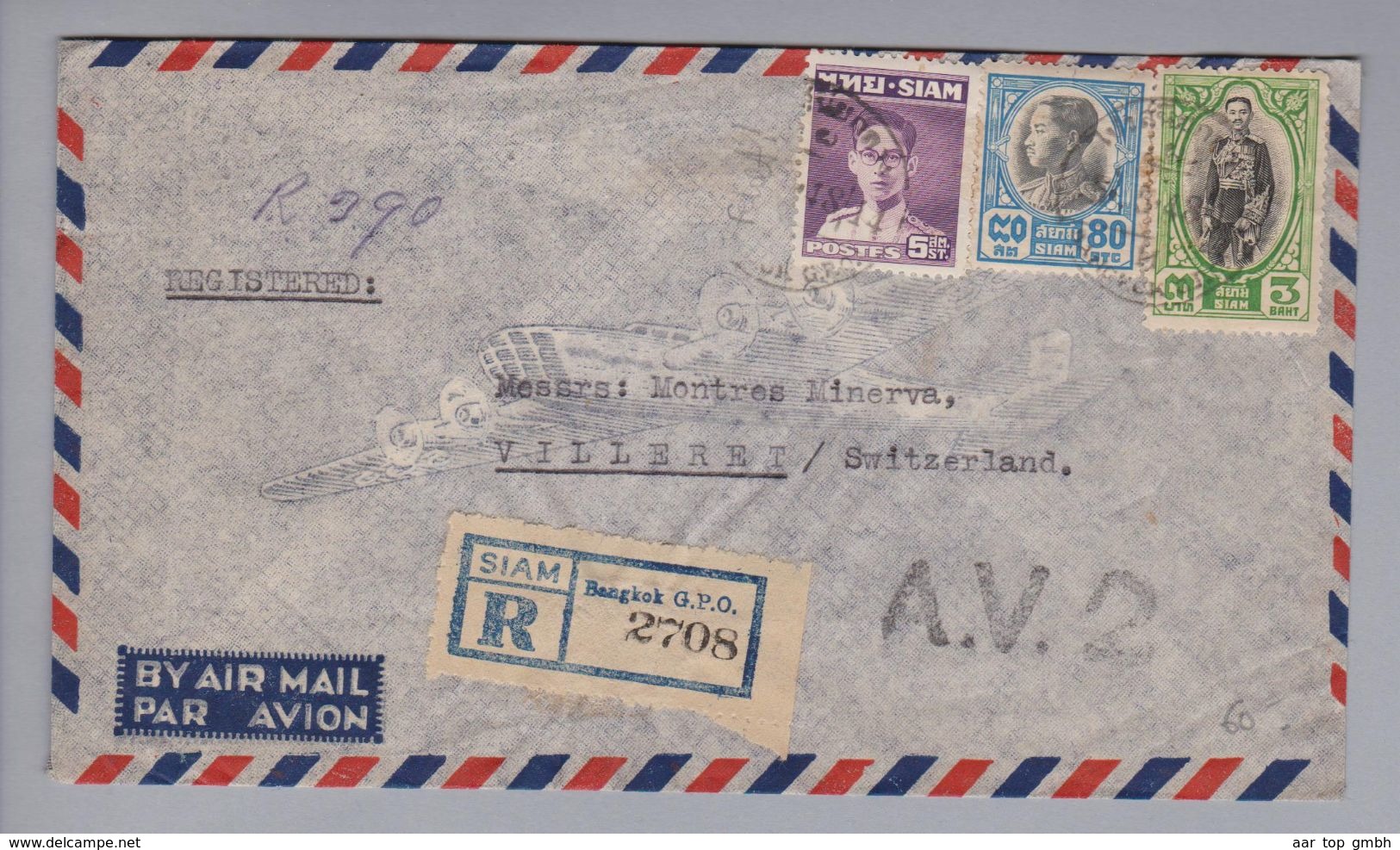 Thailand/Siam 1948-03-05 R-A.V.2 Luftpostbrief Nach Villeret CH - Thaïlande