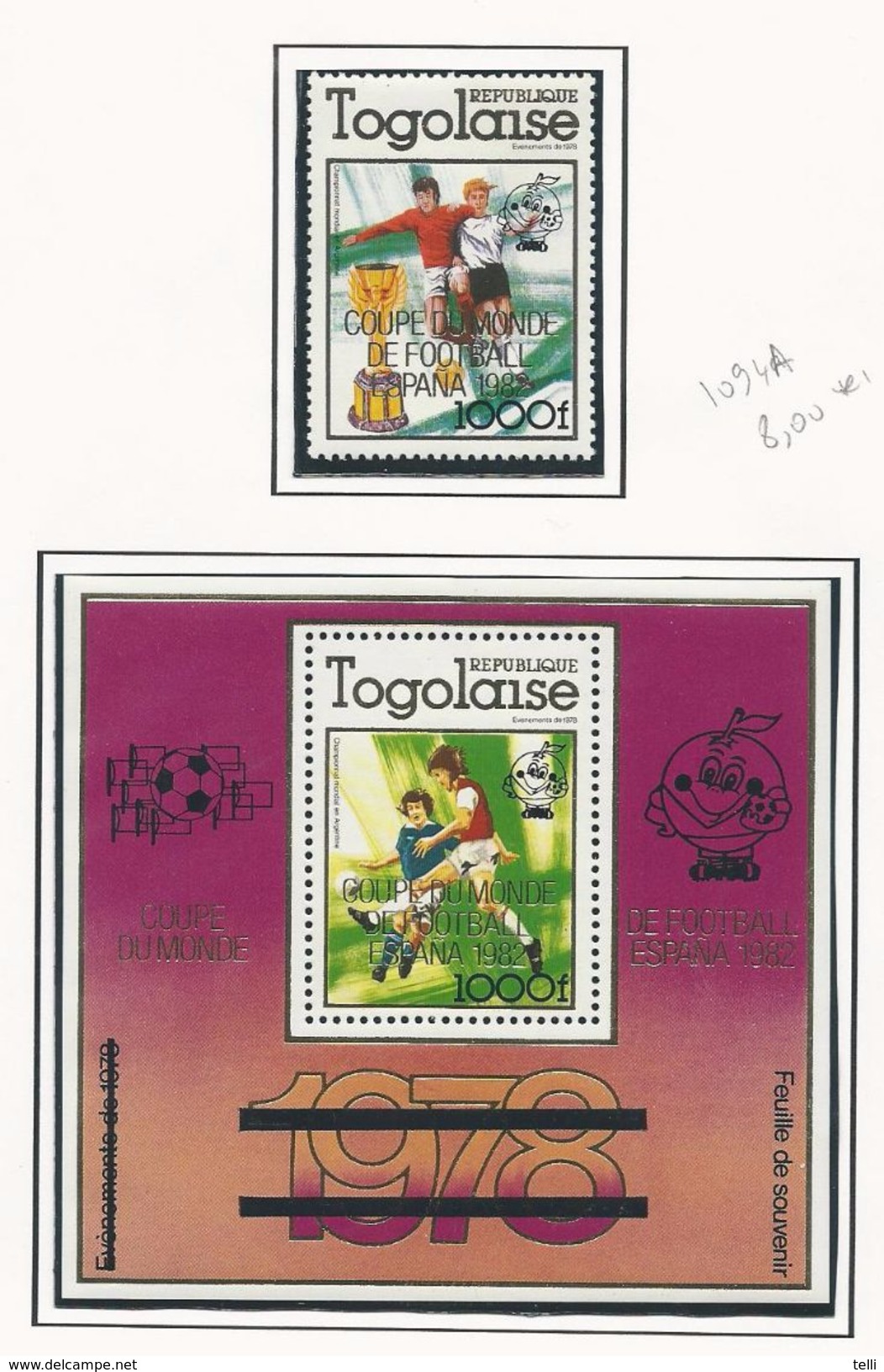 TOGO Scott 1094A-1094B Yvert 1012 + BF ? (1+bloc) Surchargés ** Cote 15,25$ - Togo (1960-...)