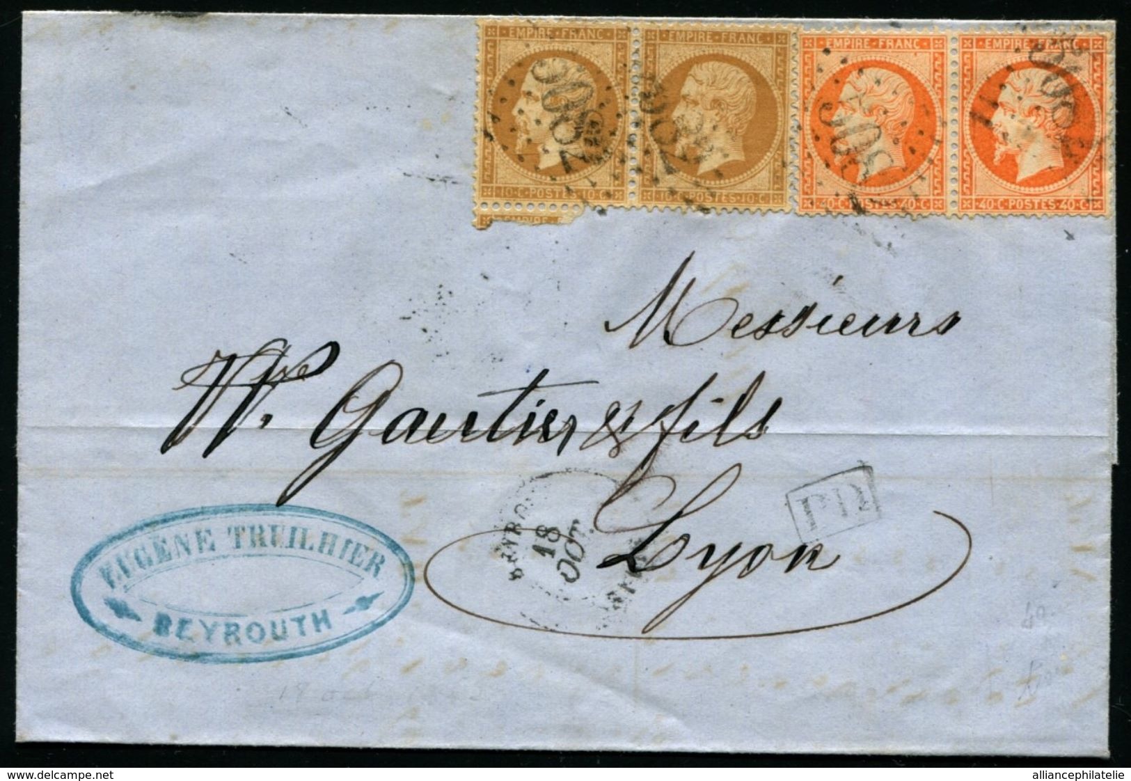 FRANCE - N°21 Et 23 En Paires Obl GC "5082" De BEYROUTH Sur Pli Pour LYON (1863) - TB - 1862 Napoléon III