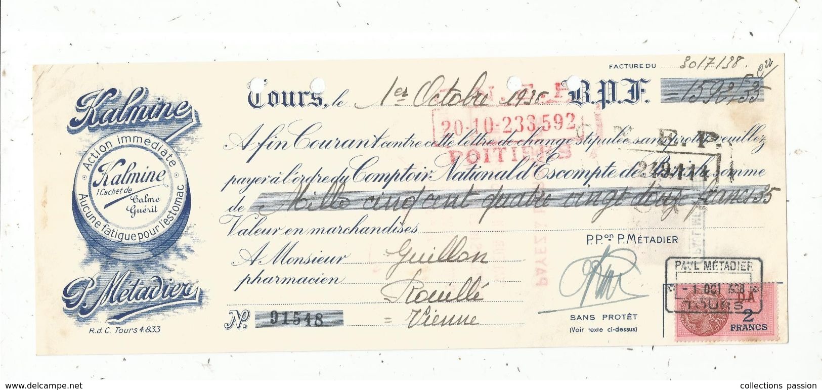 Lettre De Change , 1938, KALMINE ,P. Metadier , Tours  ,frais Fr : 1.45 E - Bills Of Exchange