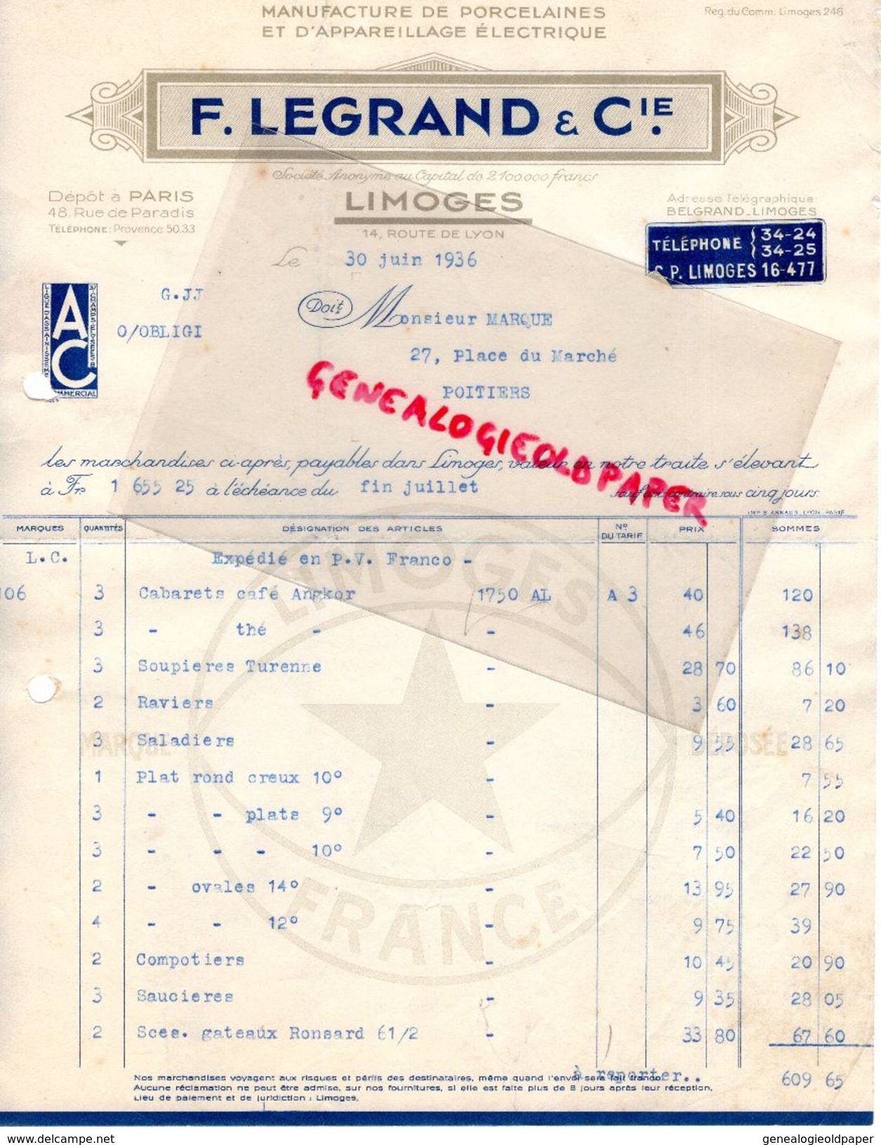 87 - LIMOGES - FACTURE F. LEGRAND & CIE- 14 ROUTE DE LYON- PORCELAINE -APPAREILLAGES ELECTRIQUES- 1936 - 1900 – 1949
