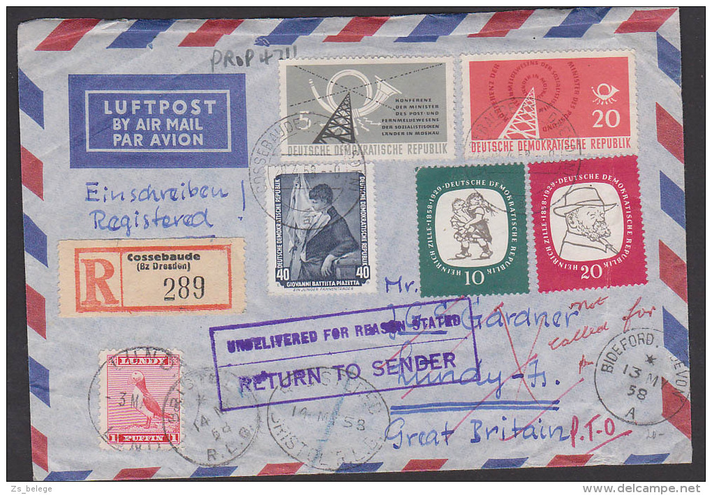 Germany East DDR Recomande Air Mail Cossebaude (Bz Dresden) Nach Lundy Island, Great Britain Mit Retour 1 Puffin - Covers & Documents