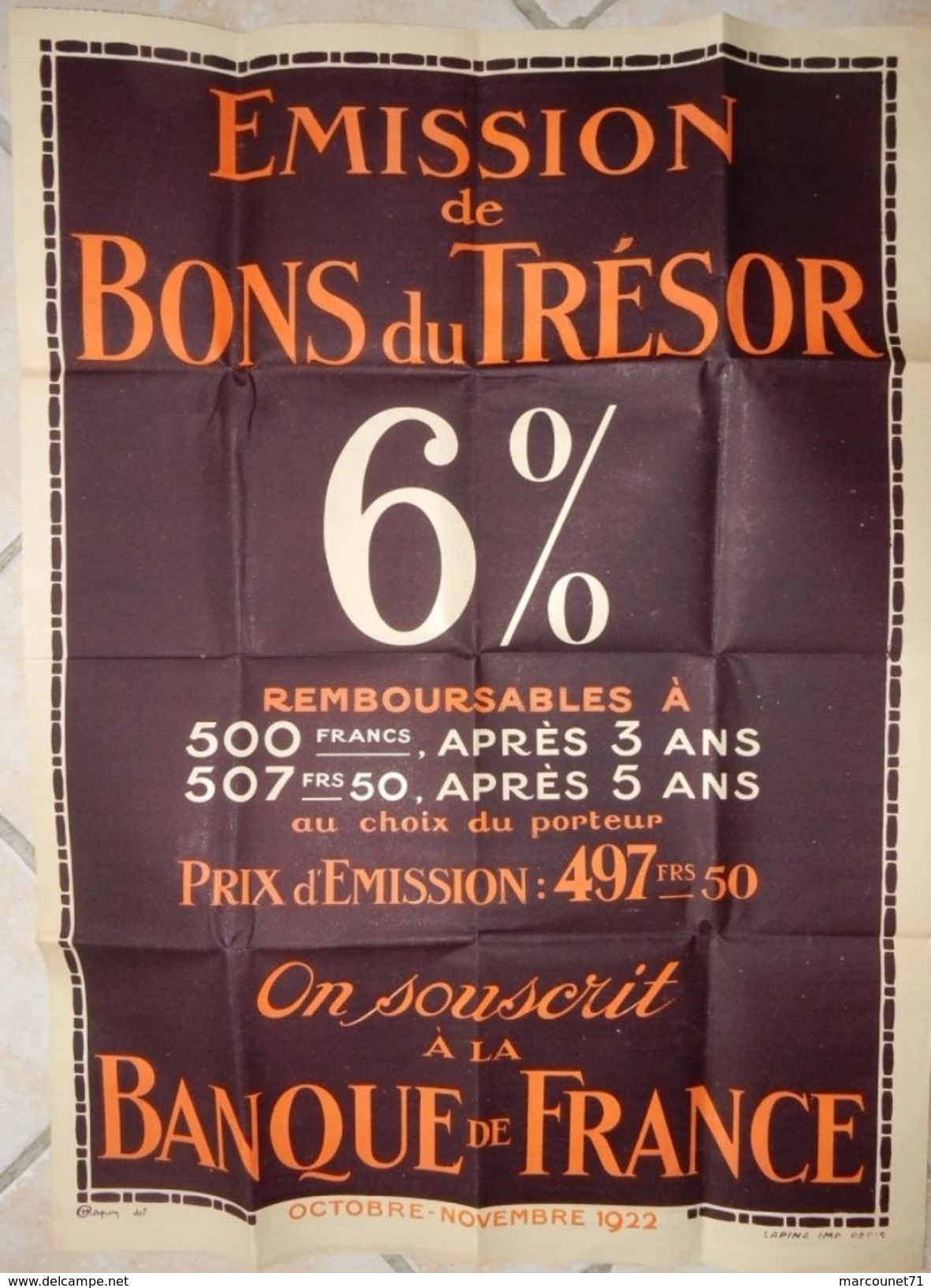 ANCIENNE AFFICHE EMISSION DE BONS DU TRESOR BANQUE DE FRANCE 1922 - Posters