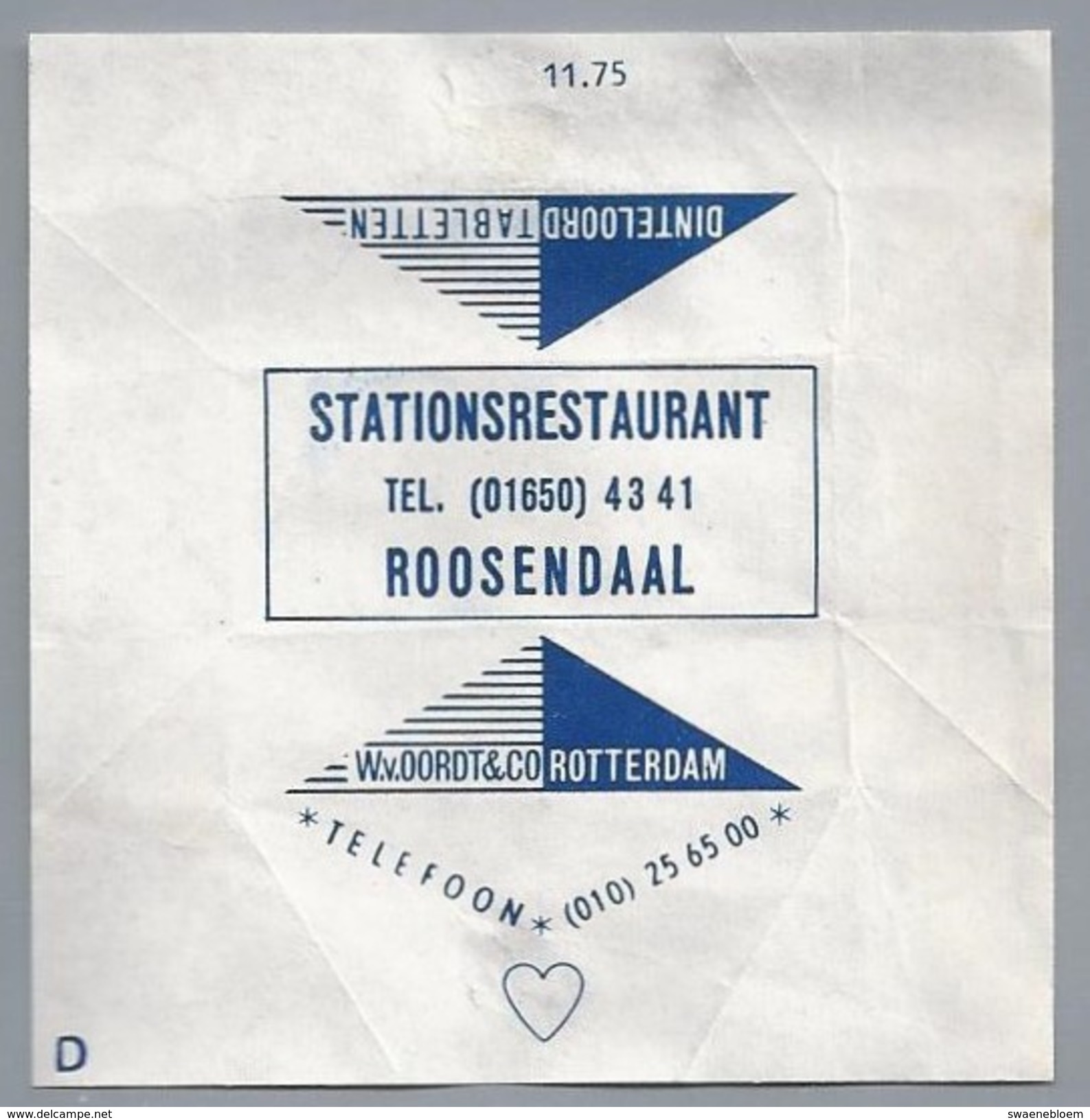 Suikerwikkel.- Embalage De Sucre. ROOZENDAAL STATIONSRESTAURANT. W Van Oordt & Co. Rotterdam - Suiker