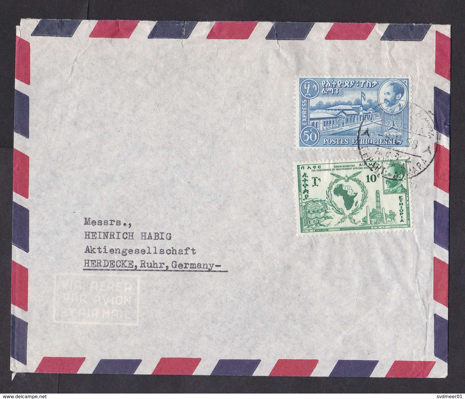 Ethiopia: Airmail Cover Asmara To Germany, 1958, 2 Stamps, Building, Map, Express Stamp, Rare Real Use (roughly Opened) - Ethiopië