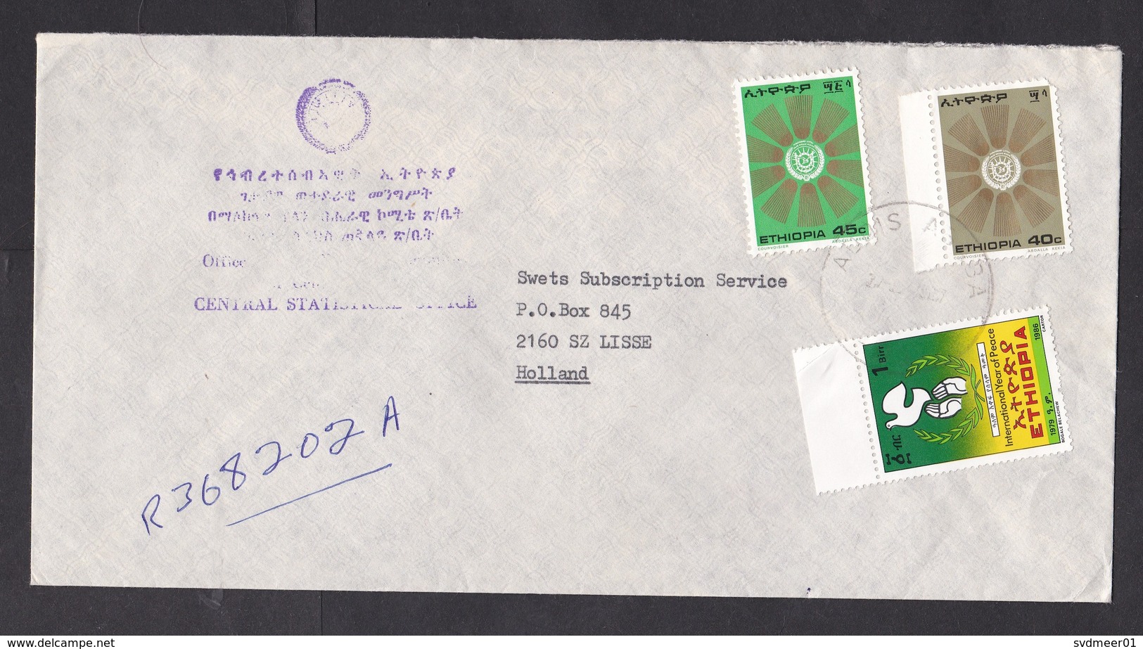 Ethiopia: Registered Cover To Netherlands, 1987, 3 Stamps, Year Of Peace, Pigeon, Logo (2 Stamps Damaged) - Etiopia