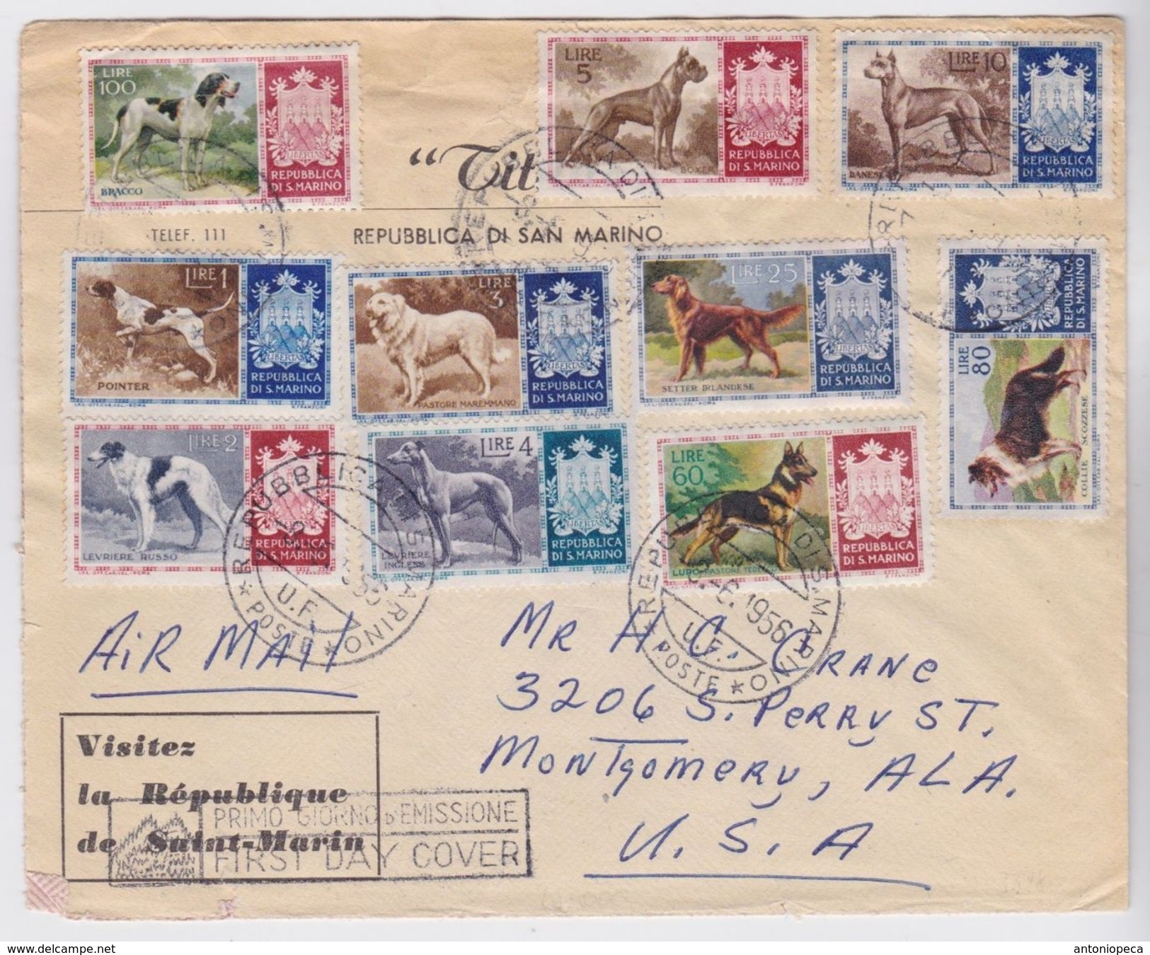 SAN MARINO 8.6.1956 FDC Serie Completa Cani Viaggiata Per Gli USA - Storia Postale