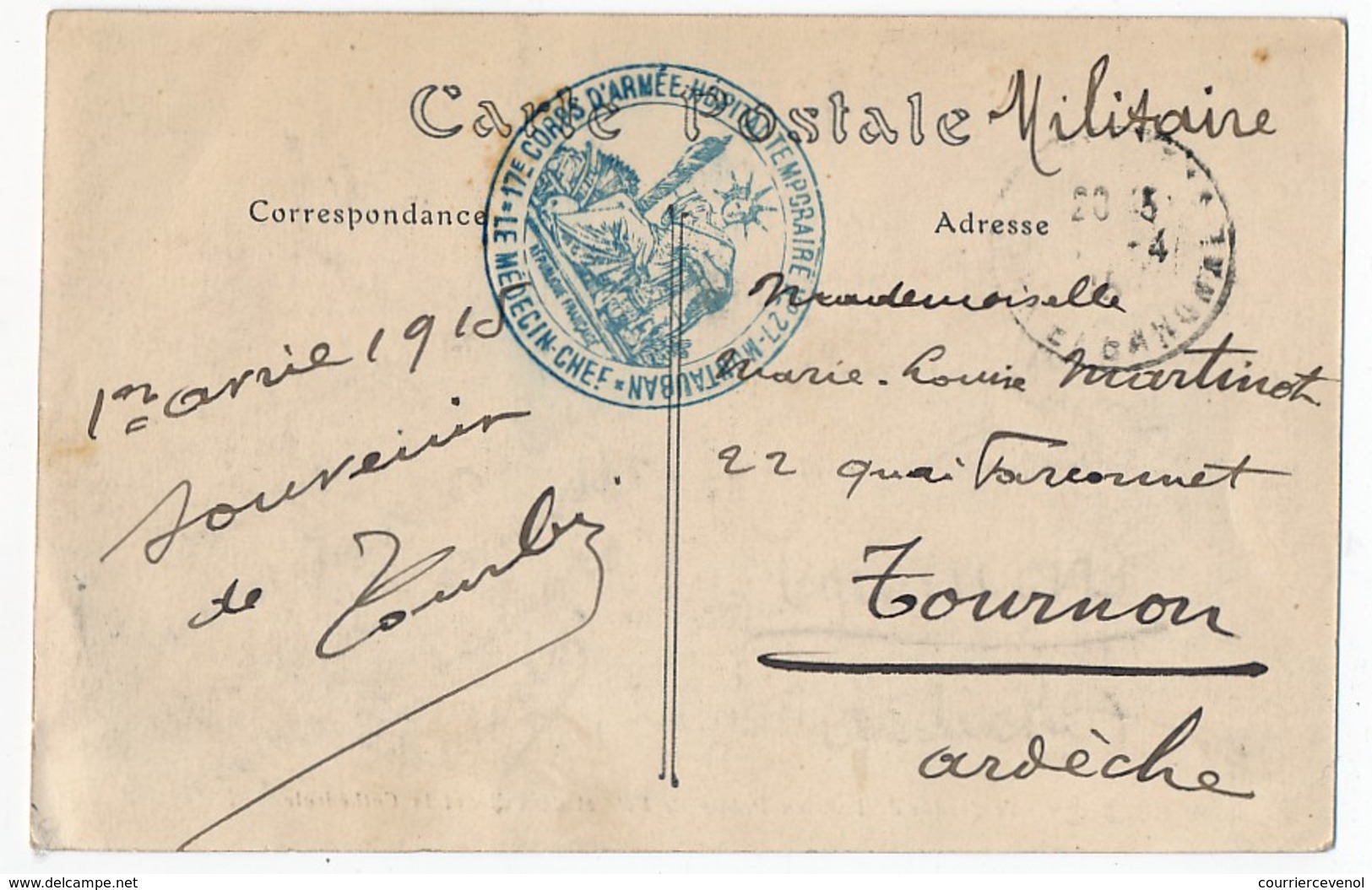 Cachet "17ème Corps D'Armée - Hopital Temporaire 27 - MONTAUBAN - Le Médeçin Chef" Sur CPA 1915 - Guerre De 1914-18