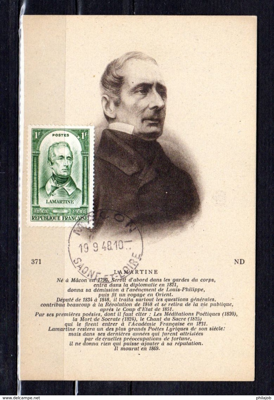 " LAMARTINE " Sur Carte Maximum De 1948. N° YT 795. Voir Les 2 Scans. CM - 1940-1949